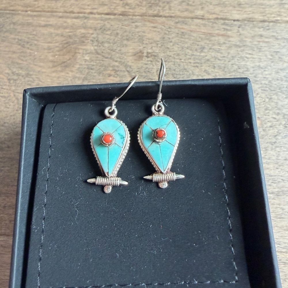 Turquoise and Coral Drop Earrings - Teardrop Dangle Earrings